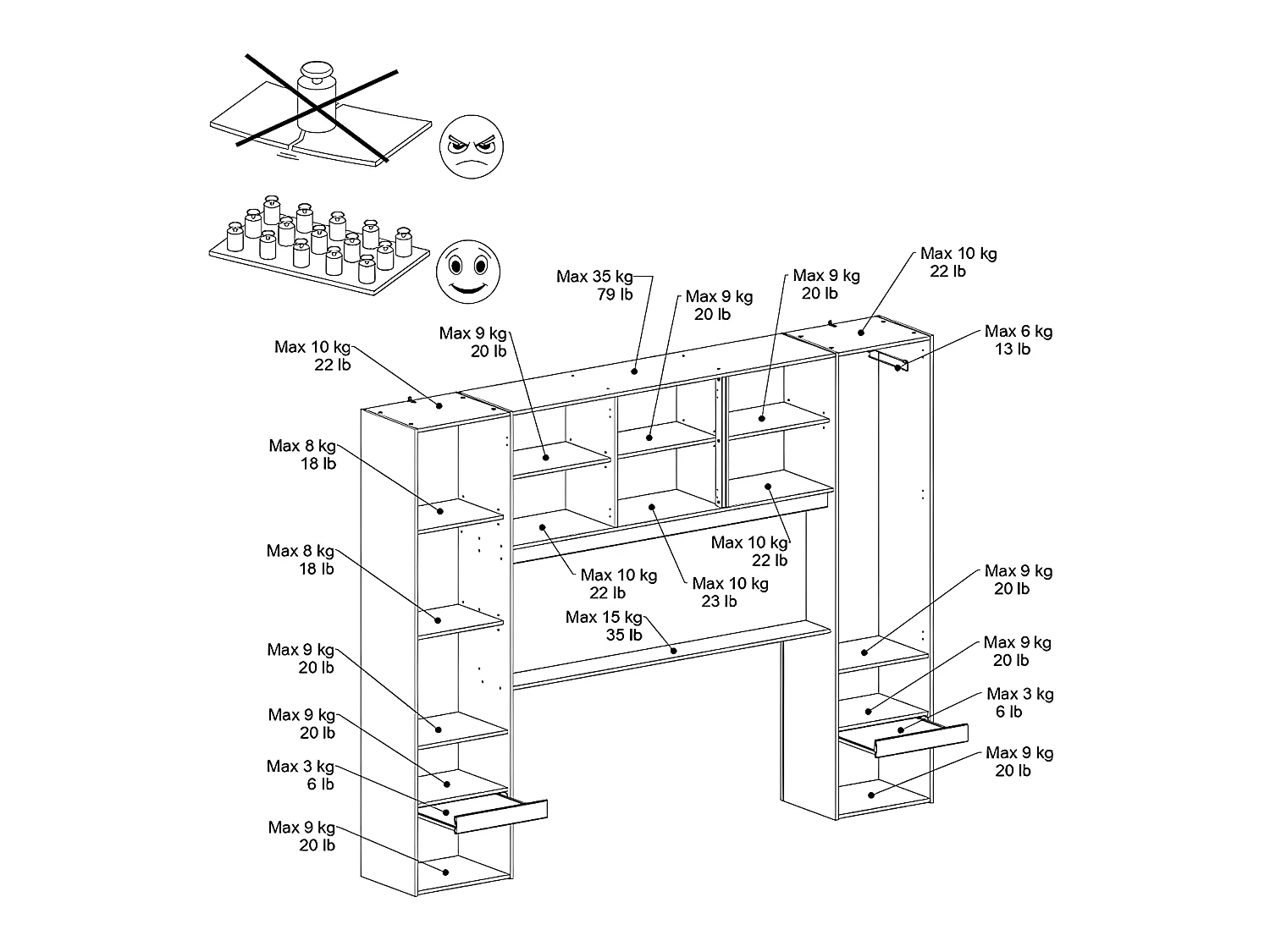 Lit pont 140 x 190 cm avec rangements - Avec LEDs - Coloris : Naturel et noir + Sommier - VELONA