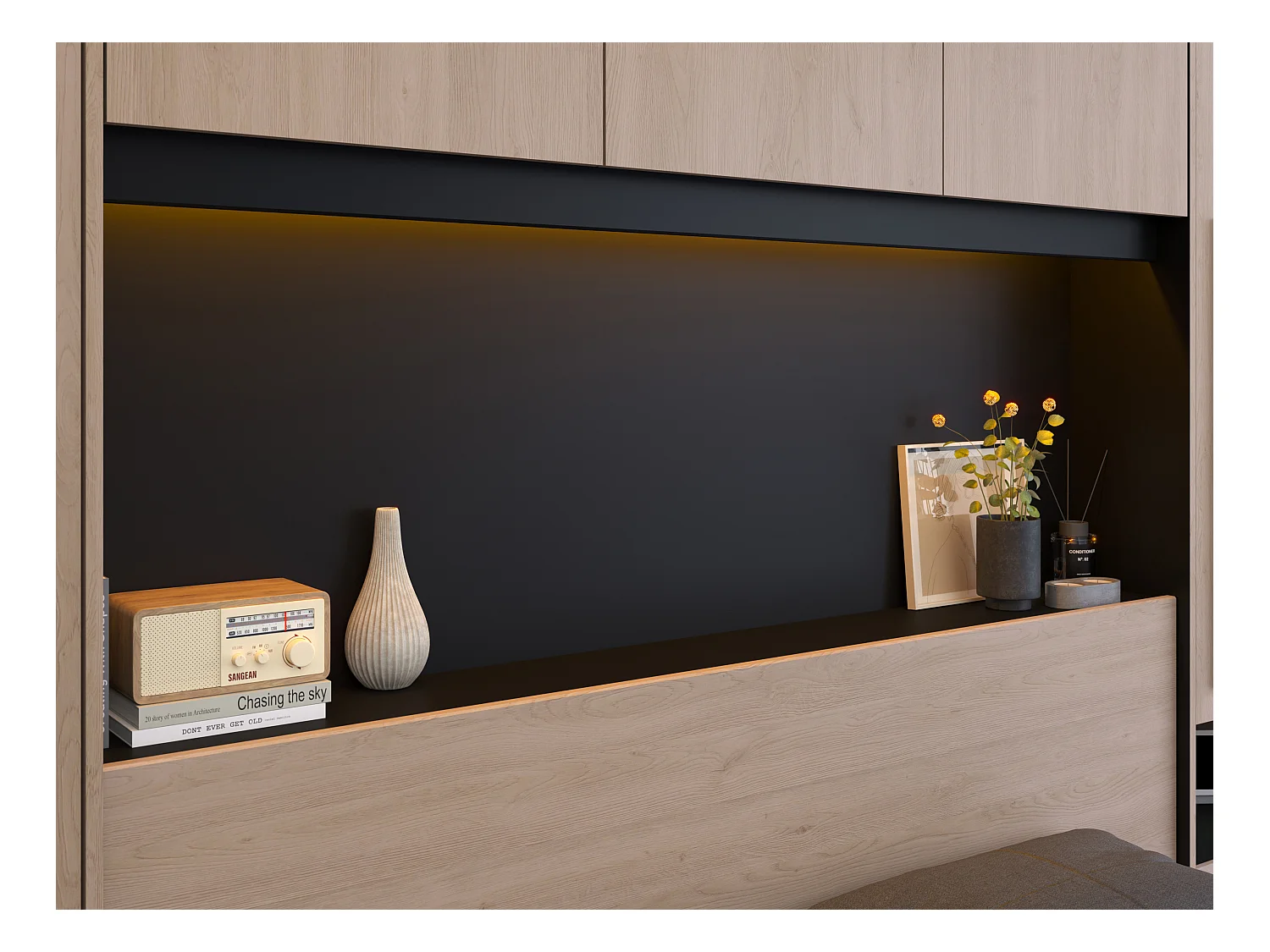 Lit pont 140 x 190 cm avec rangements - Avec LEDs - Coloris : Naturel et noir + Sommier - VELONA