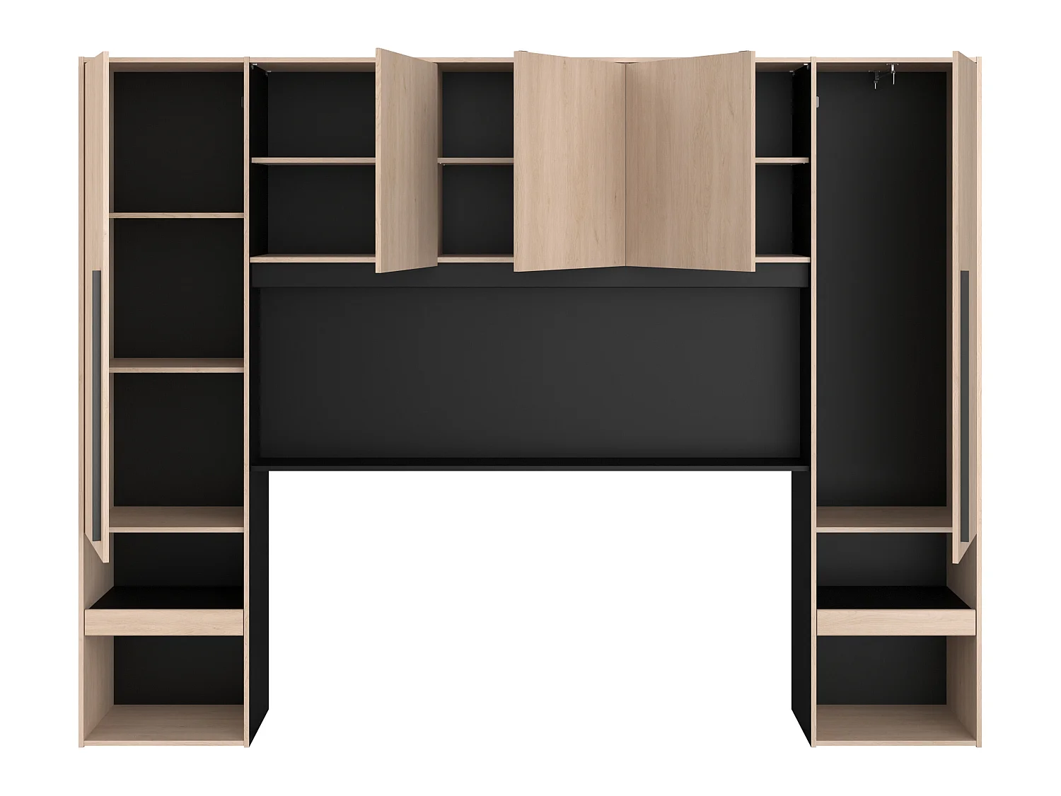 Lit pont 140 x 190 cm avec rangements - Avec LEDs - Coloris : Naturel et noir + Sommier - VELONA