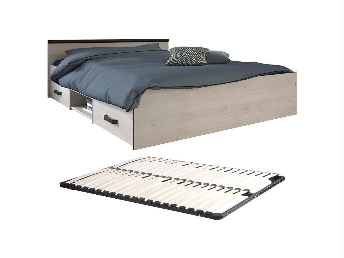 Bett mit 2 Schubladen & 1 Ablage + Lattenrost - 140 x 190 cm - Naturfarben günstig online kaufen