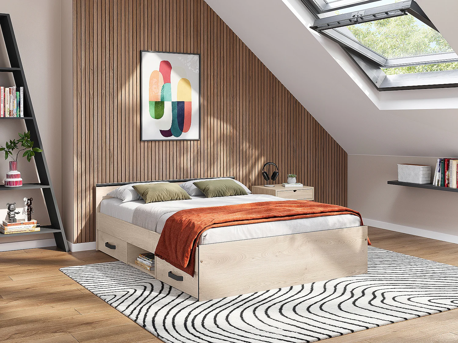 Lit avec rangements 140 x 190 cm - 2 tiroirs et 1 niche - Coloris : Naturel + Sommier - PABLO