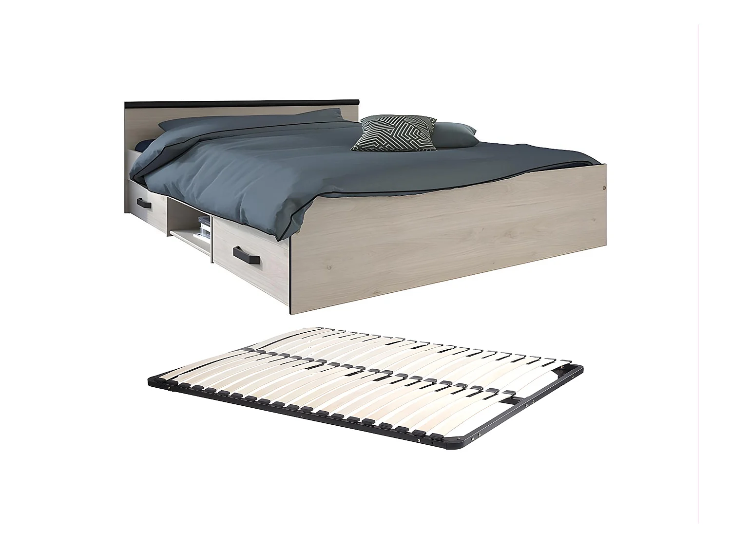 Cama con compartimentos 140 x 190 cm - 2 cajones y 1 estante - Color: natural + Somier - PABLO