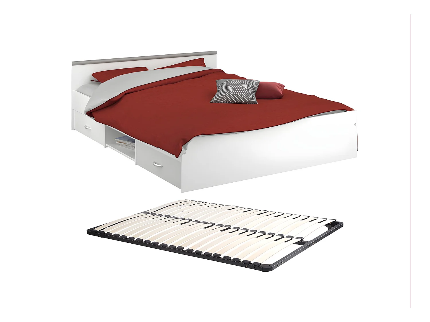 Cama con compartimentos 140 x 190 cm - 2 cajones y 1 estante - Color: blanco + Somier - PABLO