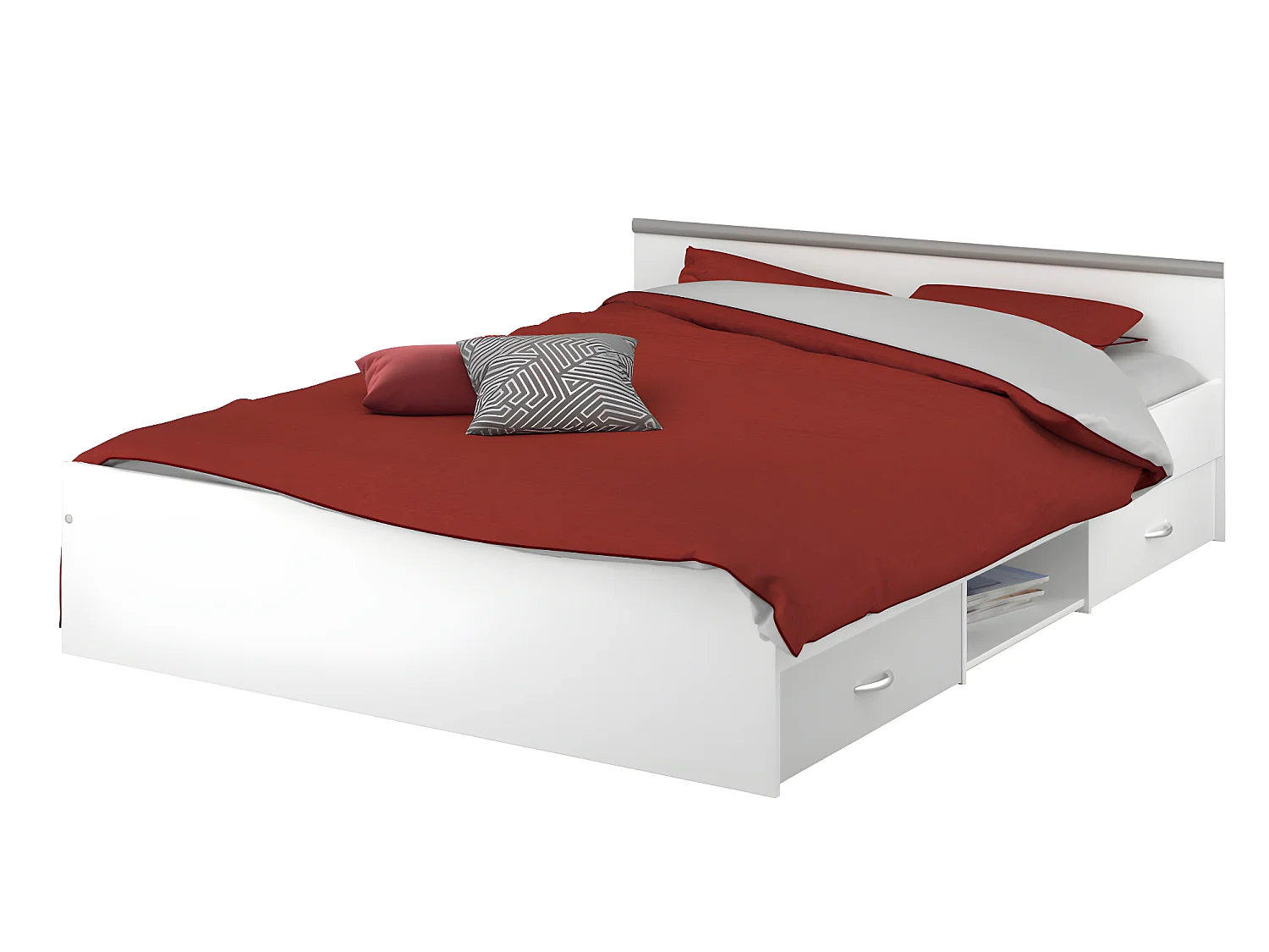 Bed met opbergruimte 140 x 190 cm - 2 laden en 1 nis - Kleur: wit + bedbodem - PABLO