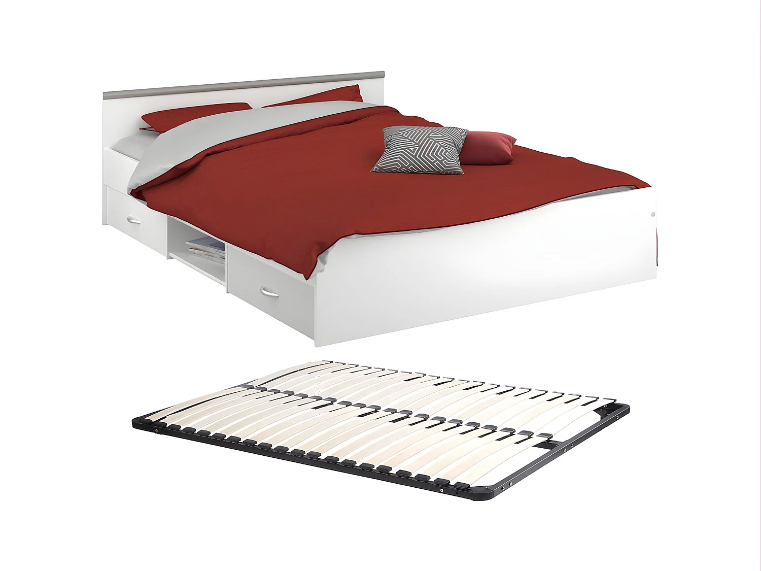 Bed met opbergruimte 140 x 190 cm - 2 laden en 1 nis - Kleur: wit + bedbodem - PABLO