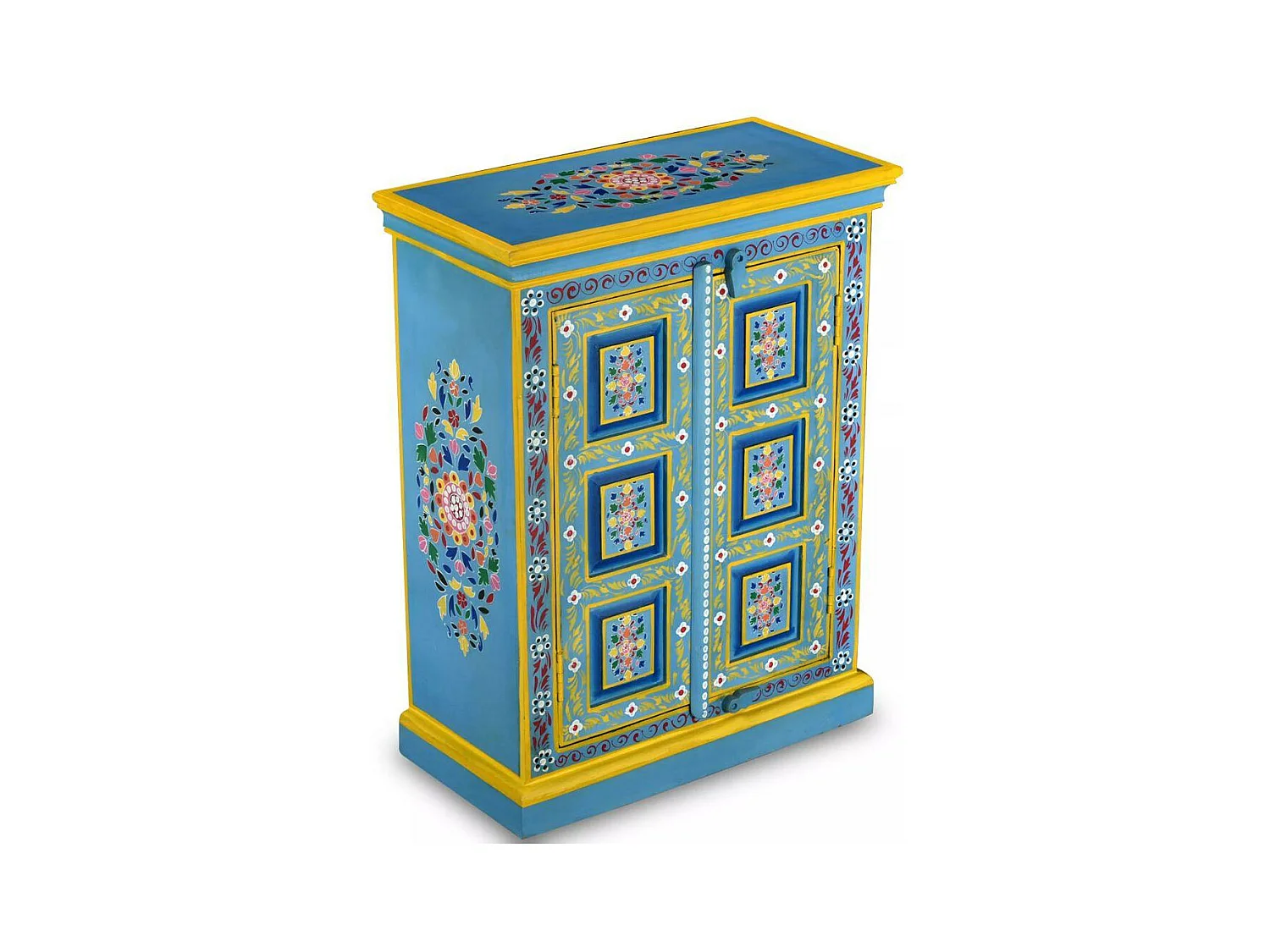 Buffet bahut armoire console meuble de rangement bois massif de manguier peinture manuelle turquoise 4402023