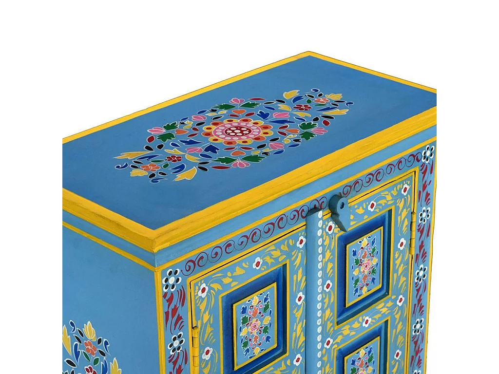 Buffet bahut armoire console meuble de rangement bois massif de manguier peinture manuelle turquoise 4402023