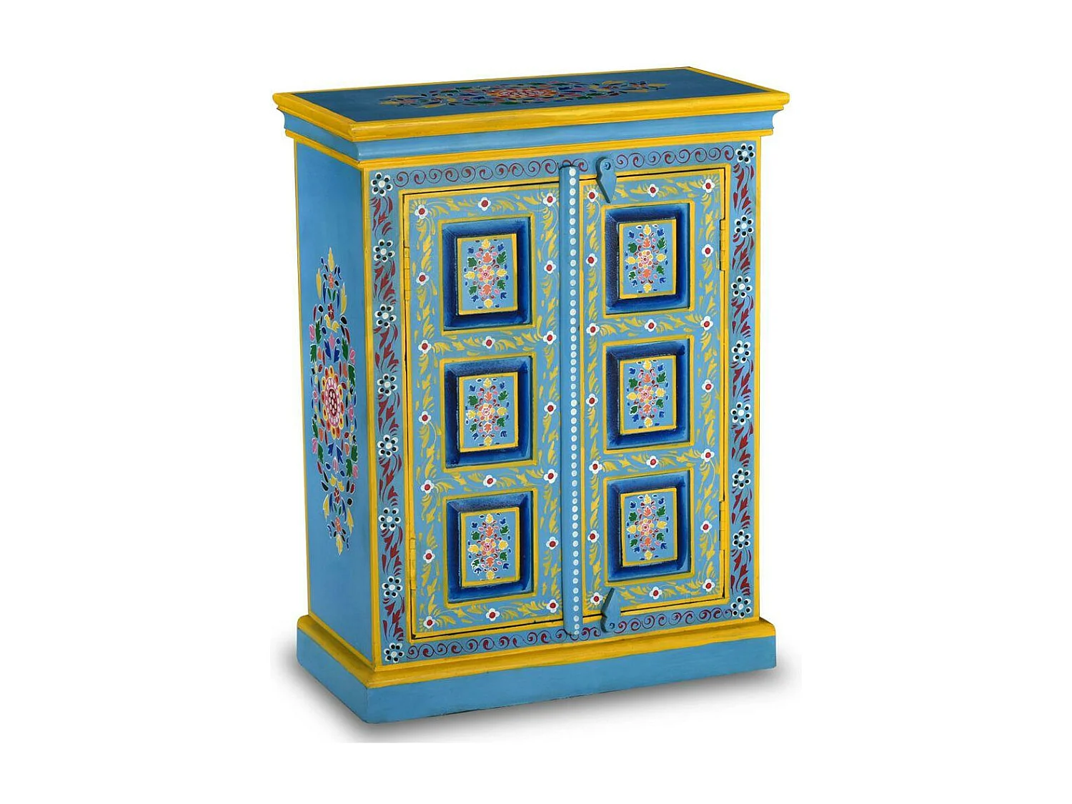 Buffet bahut armoire console meuble de rangement bois massif de manguier peinture manuelle turquoise 4402023