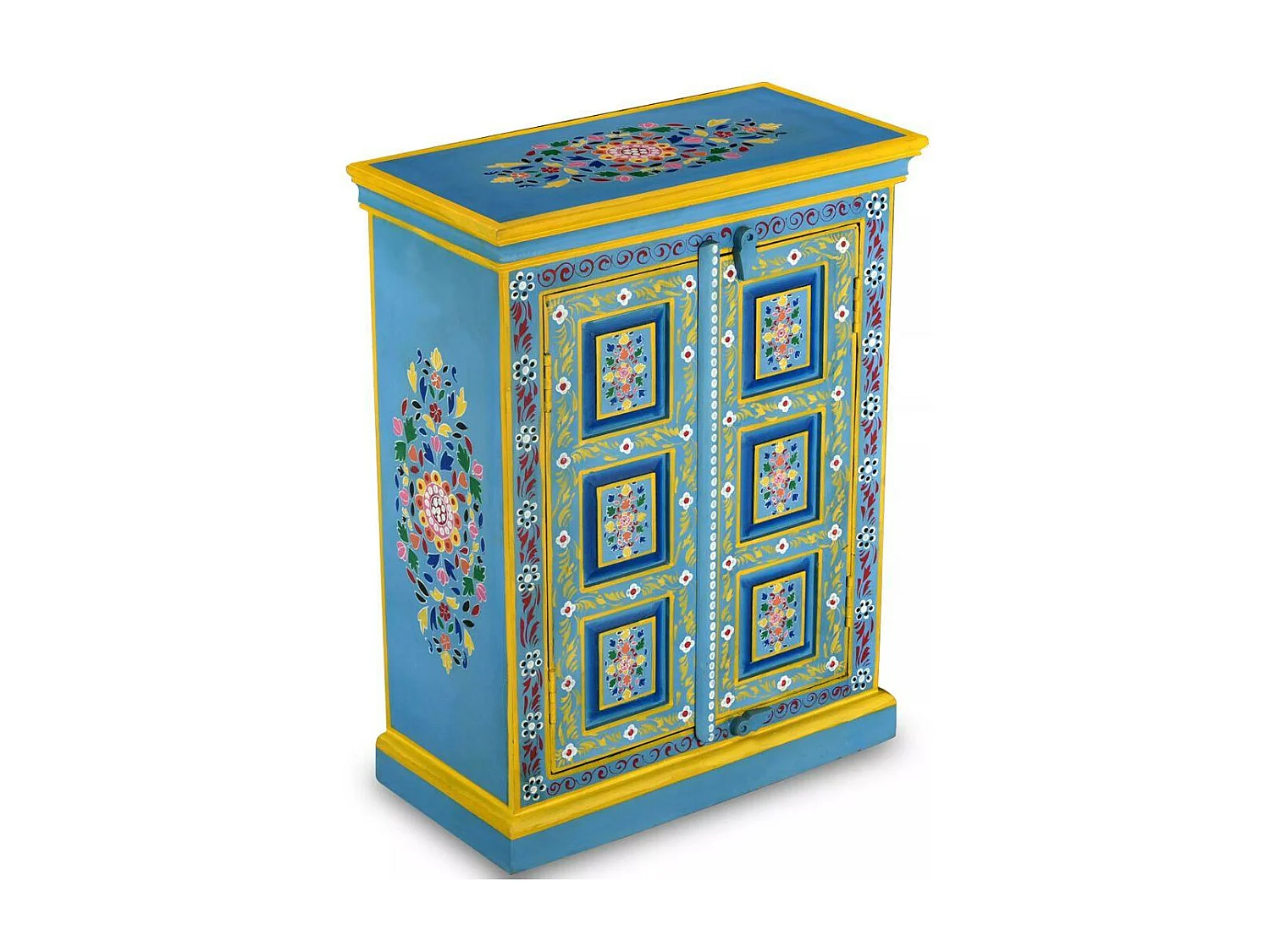 Buffet bahut armoire console meuble de rangement bois massif de manguier peinture manuelle turquoise 4402023