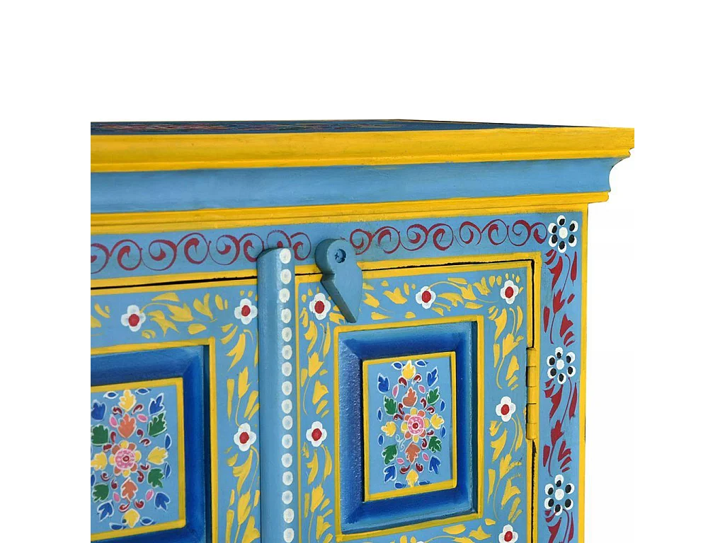 Buffet bahut armoire console meuble de rangement bois massif de manguier peinture manuelle turquoise 4402023
