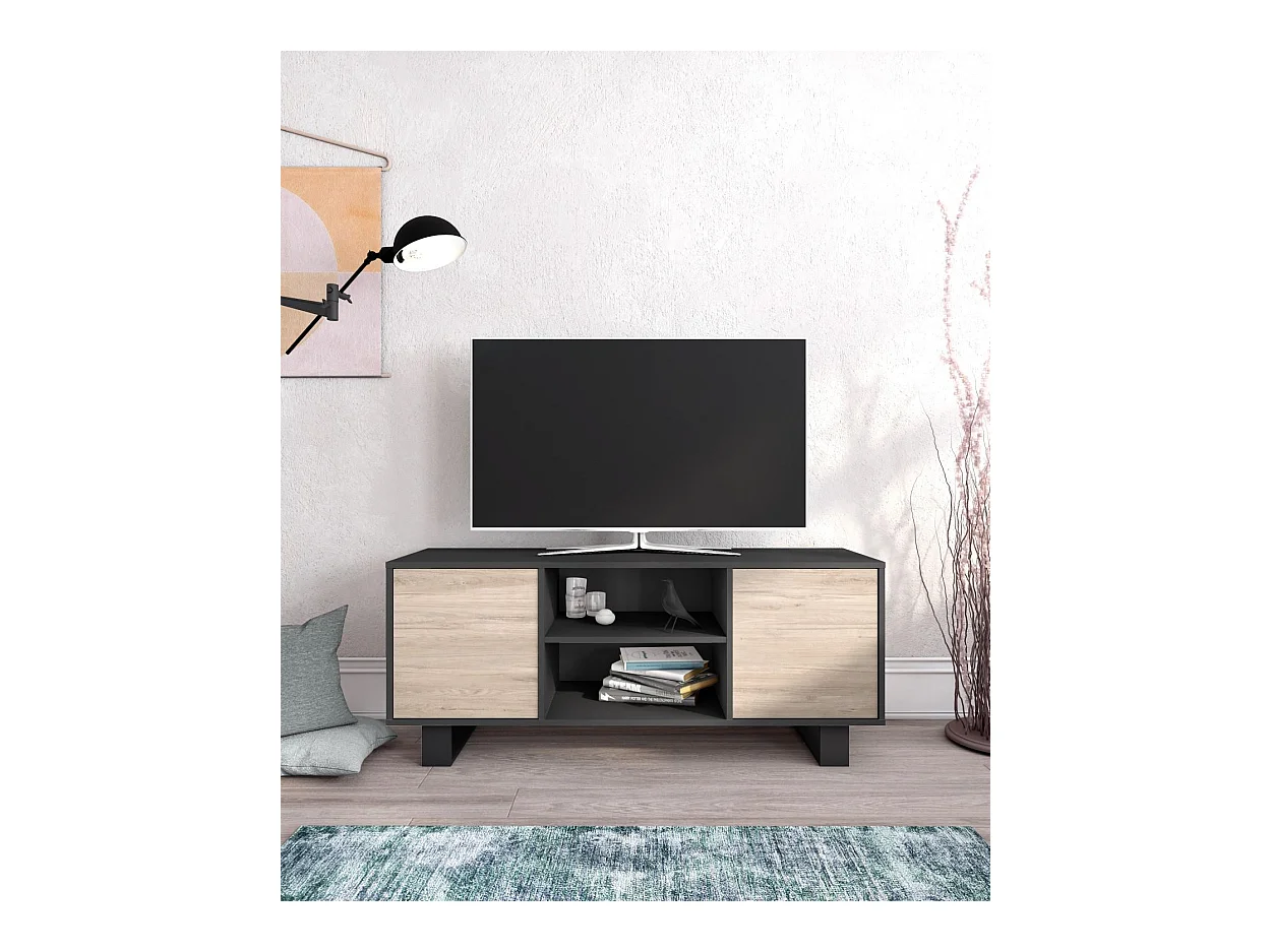 Meuble TV modèle 137x40x57cm WIND, couleur structure Gris Anthracite, couleur porte Chêne.