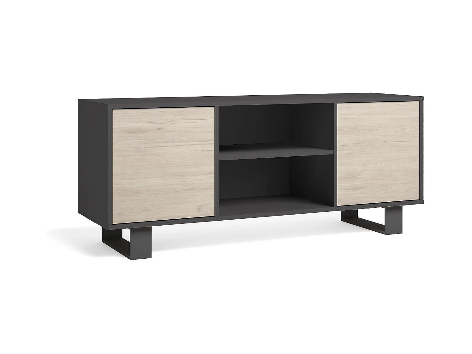 Meuble TV modèle 137x40x57cm WIND, couleur structure Gris Anthracite, couleur porte Chêne.