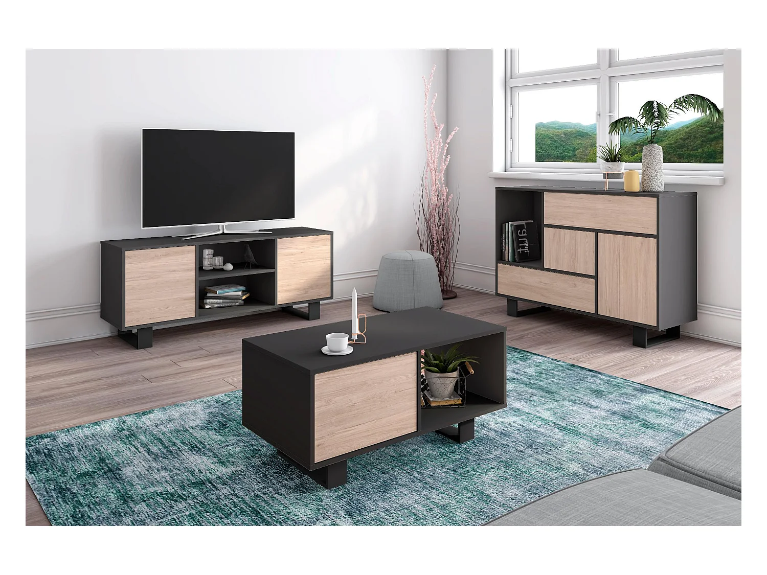 Meuble TV modèle 137x40x57cm WIND, couleur structure Gris Anthracite, couleur porte Chêne.