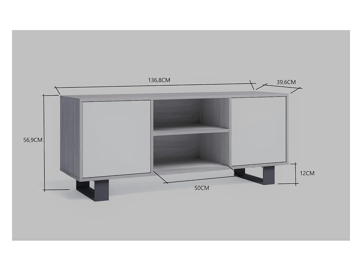 Meuble TV modèle 137x40x57cm WIND, couleur structure Gris Anthracite, couleur porte Chêne.