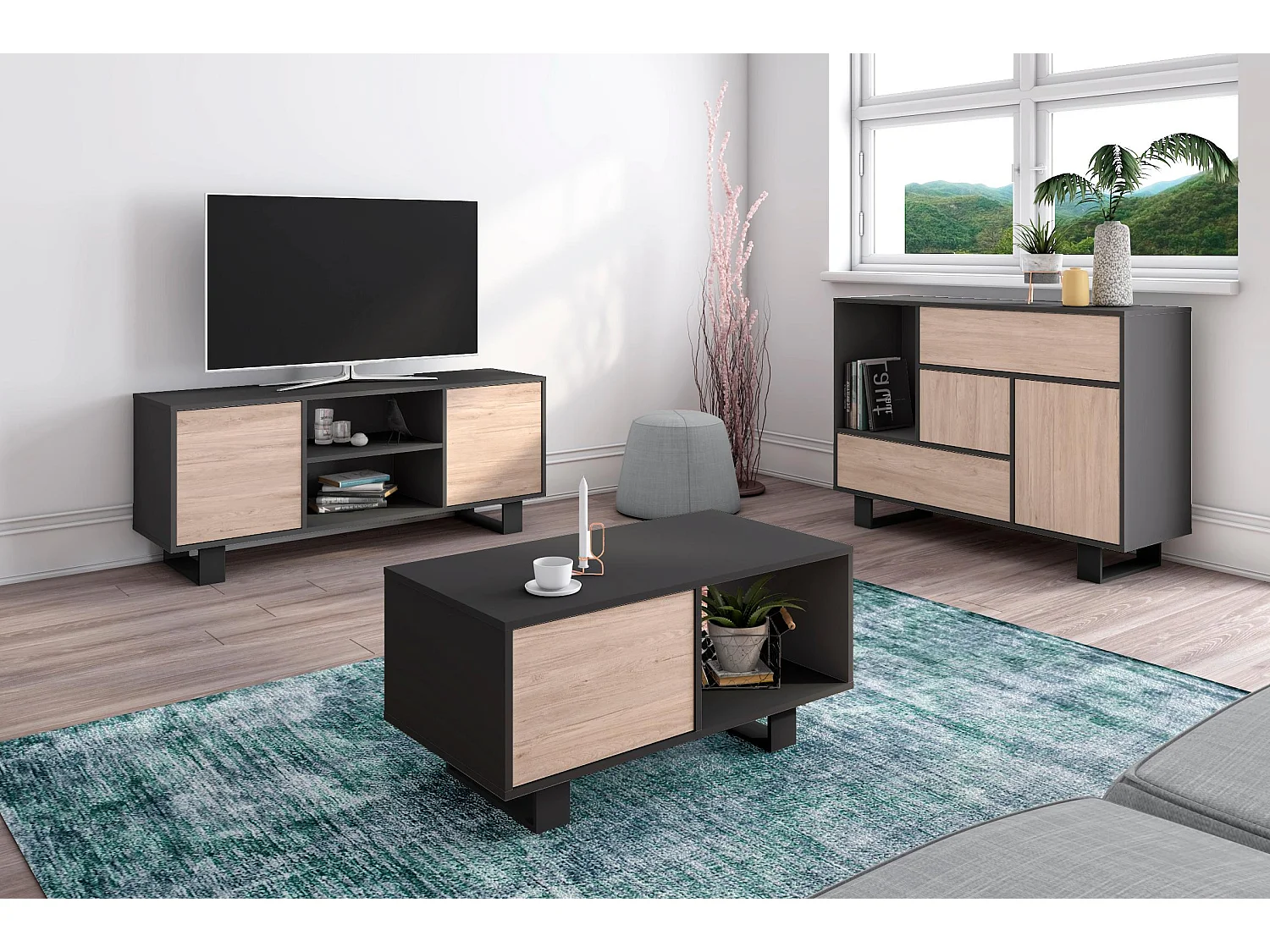 Televisiemeubels, Windmodel, 137x40x57cm, Eetkamer, Grijs en eiken, Moderne stijl