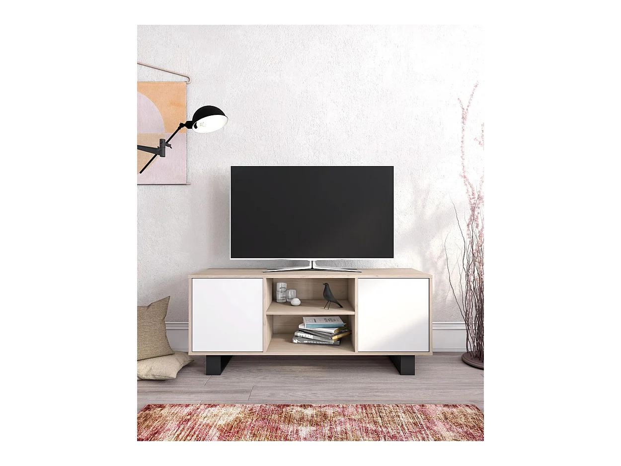 Meuble TV 140, Modèle WIND, structure couleur Chêne, portes couleur Blanc.