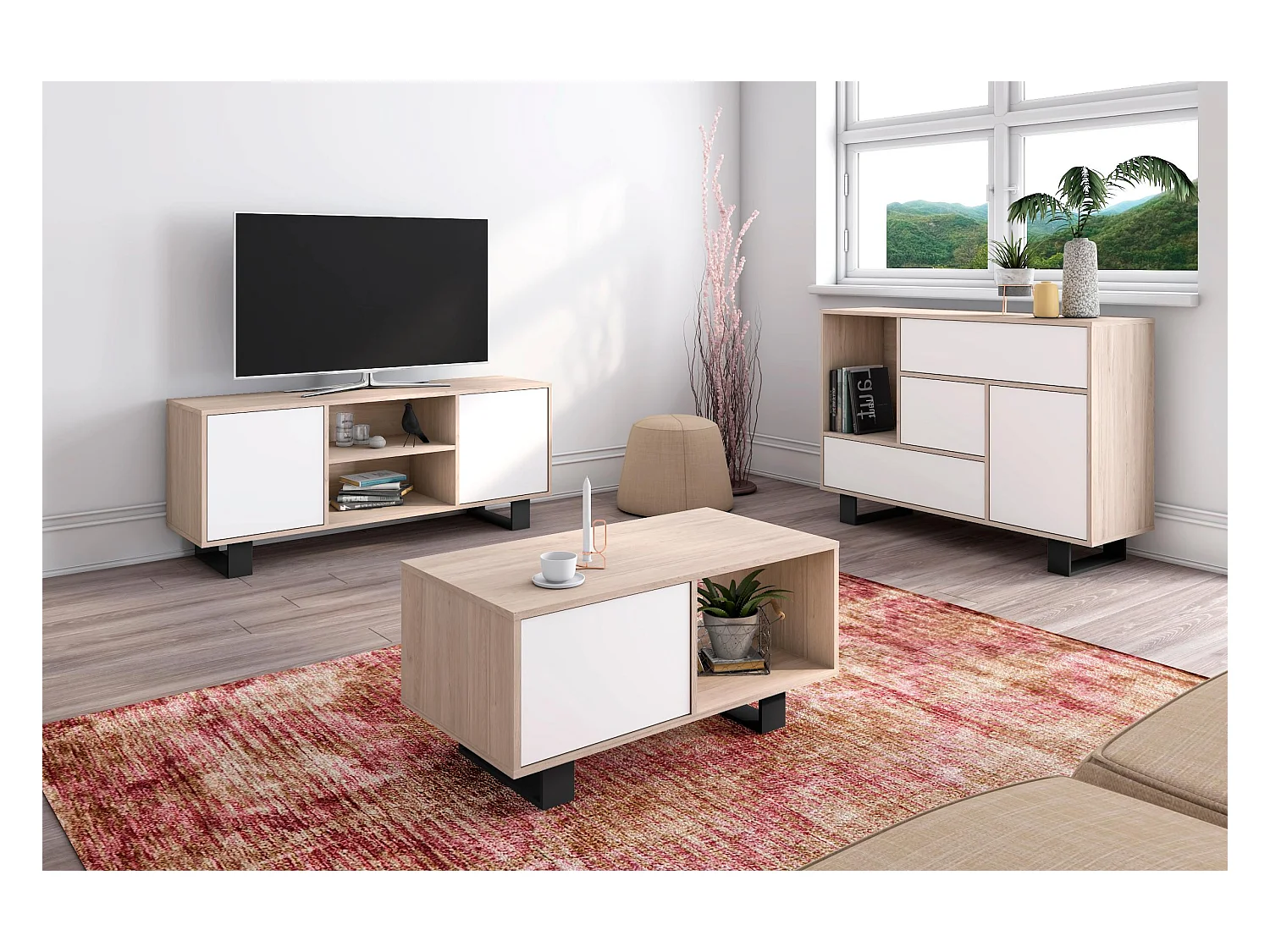 Meuble TV 140, Modèle WIND, structure couleur Chêne, portes couleur Blanc.