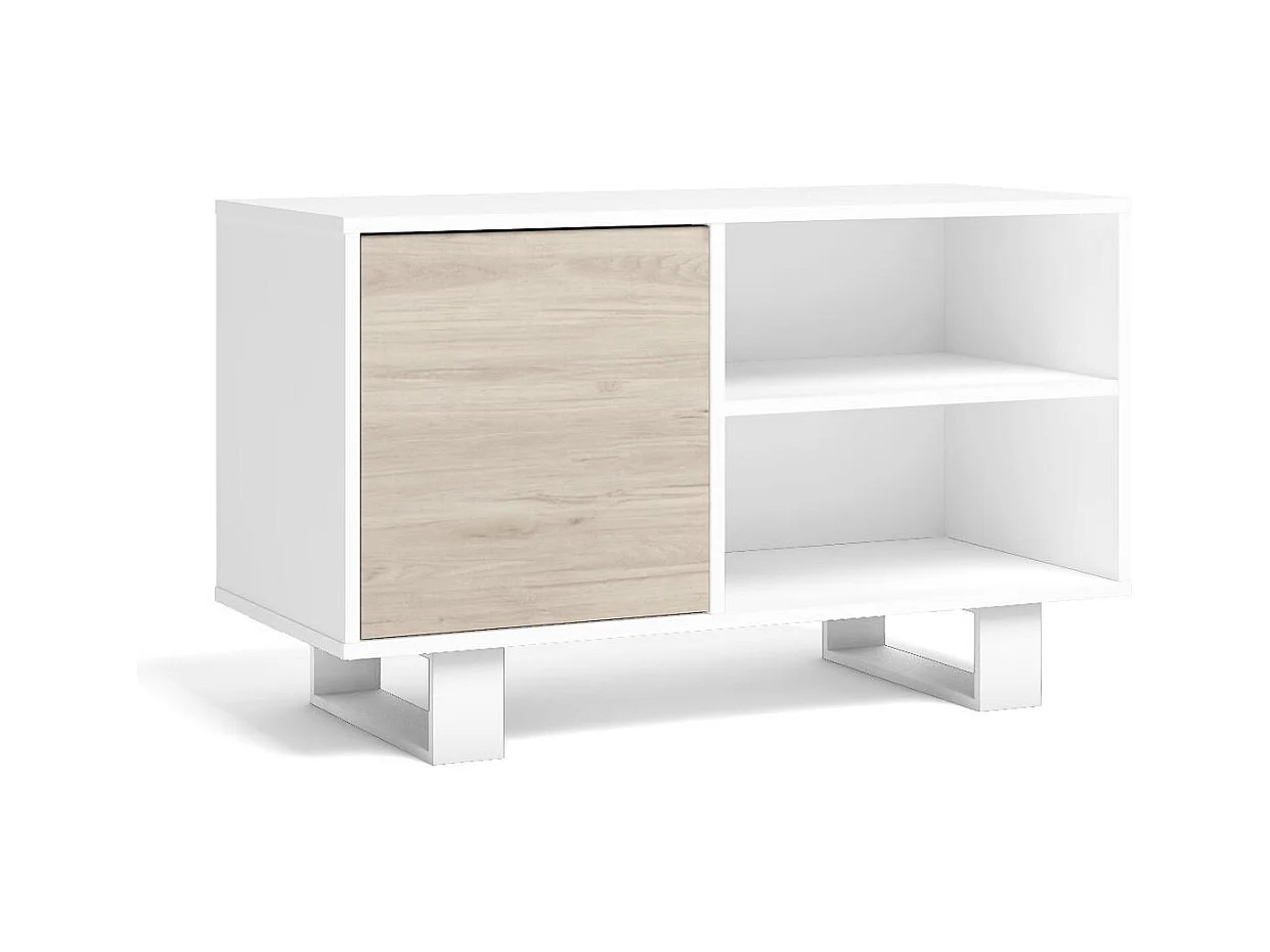 TV-Möbel 100 mit linker Tür, Wohn-/Esszimmer, Modell WIND, Farbe Struktur Weiß, Farbe Tür Eiche, 95x40x57cm