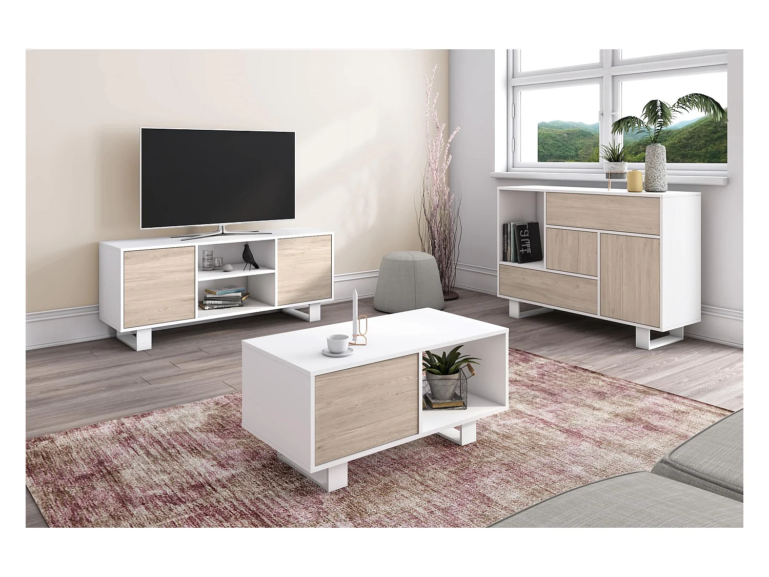 TV-Möbel 100 mit linker Tür, Wohn-/Esszimmer, Modell WIND, Farbe Struktur Weiß, Farbe Tür Eiche, 95x40x57cm