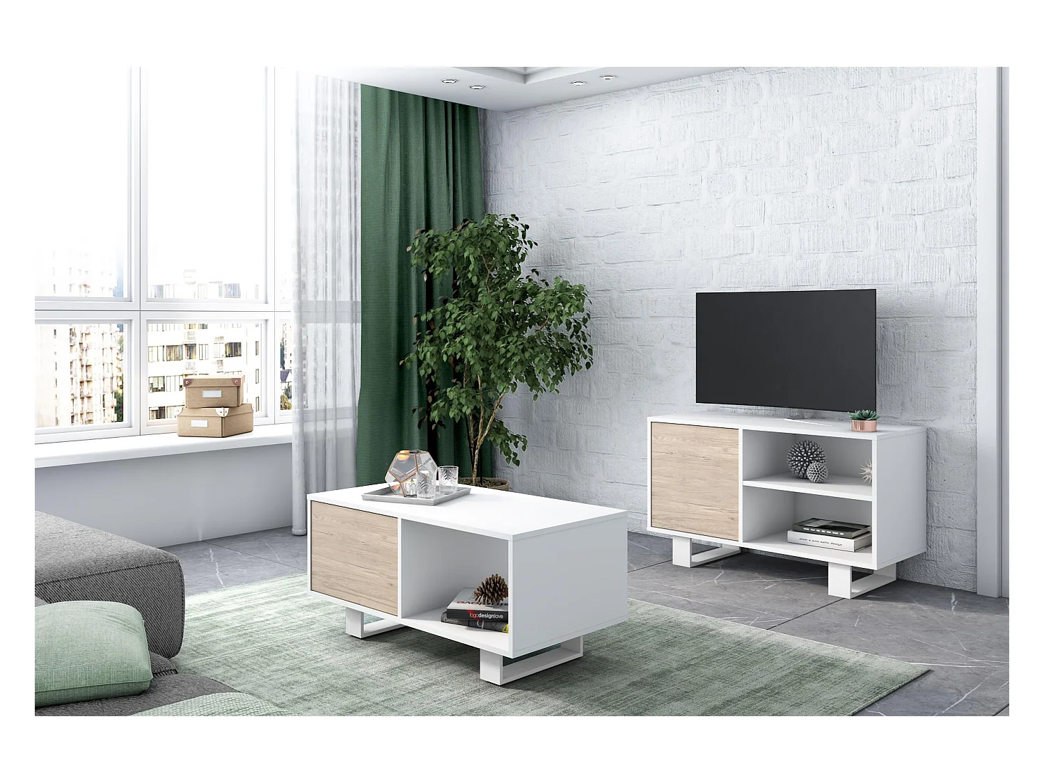 TV-Möbel 100 mit linker Tür, Wohn-/Esszimmer, Modell WIND, Farbe Struktur Weiß, Farbe Tür Eiche, 95x40x57cm