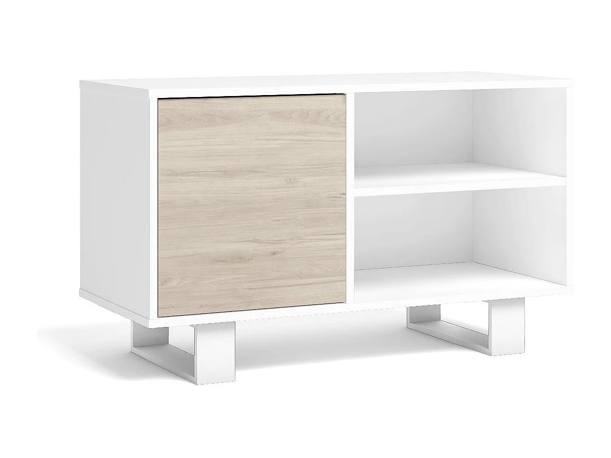 Meuble TV 95x40x57cm Modèle WIND, Couleur structure blanche, Couleur porte chêne