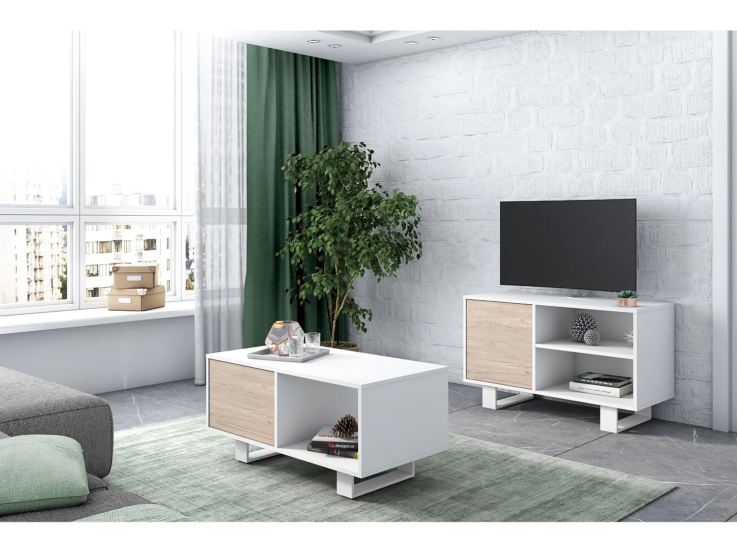 Meuble TV 95x40x57cm Modèle WIND, Couleur structure blanche, Couleur porte chêne