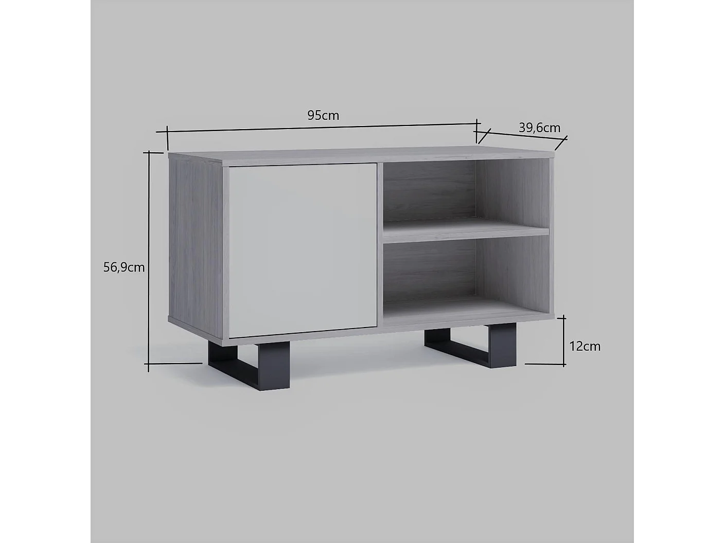 Meuble TV 95x40x57cm Modèle WIND, Couleur structure blanche, Couleur porte chêne