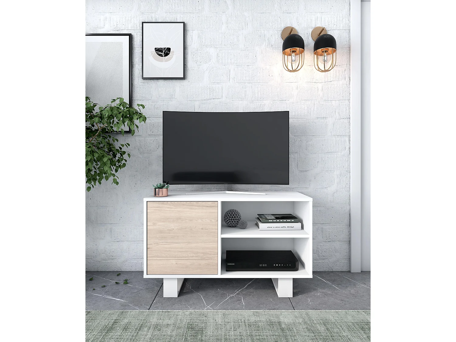 Meuble TV 95x40x57cm modèle WIND, couleur structure blanche, couleur porte chêne