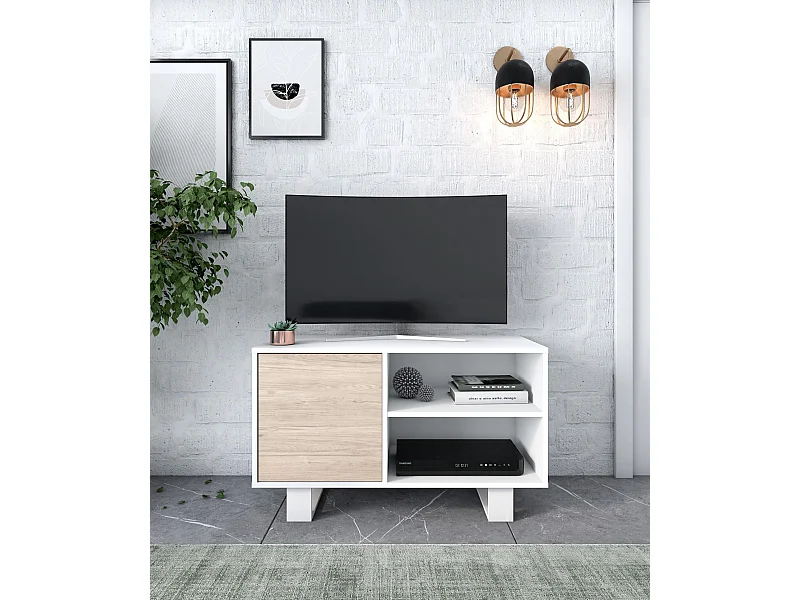 Móvel de TV modelo WIND, cor Branco e Carvalho, 95x40x57cm