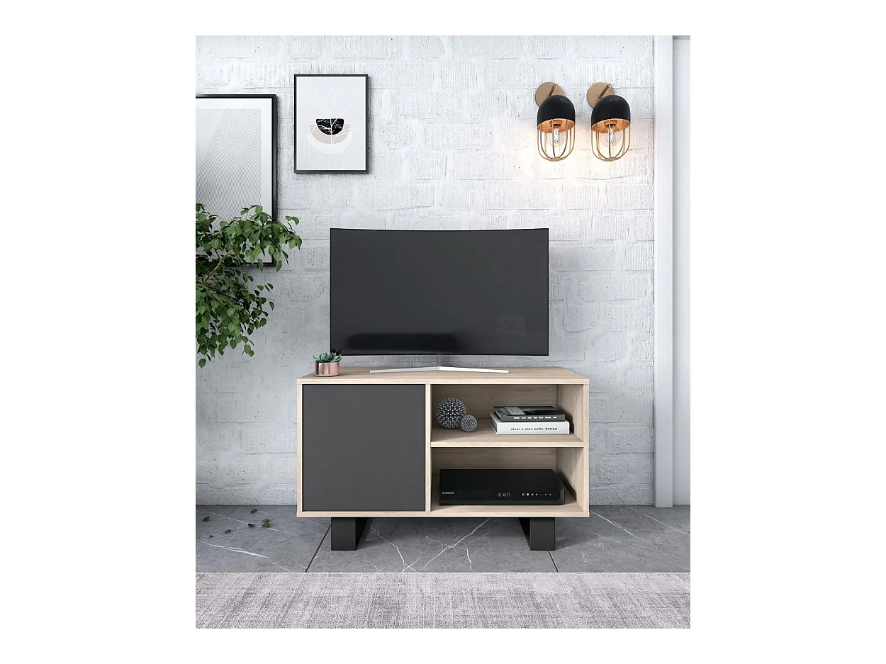 TV-Möbel 100 mit linker Tür, Wohn-/Esszimmer, Modell WIND, Farbe Struktur Eiche, Farbe Tür Anthrazitgrau, 95x40x57cm.