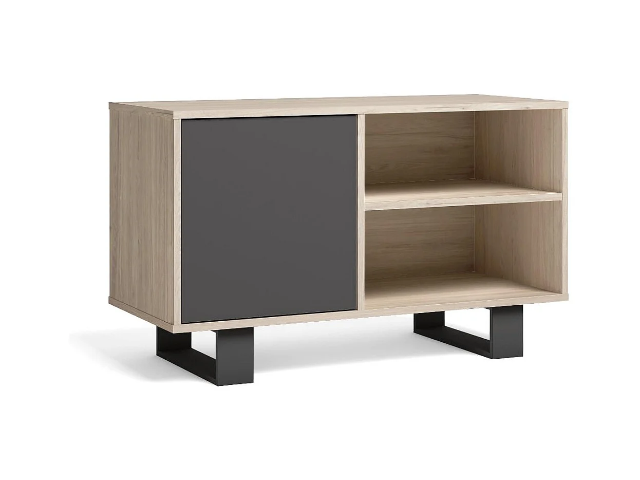 TV-Möbel 100 mit linker Tür, Wohn-/Esszimmer, Modell WIND, Farbe Struktur Eiche, Farbe Tür Anthrazitgrau, 95x40x57cm.