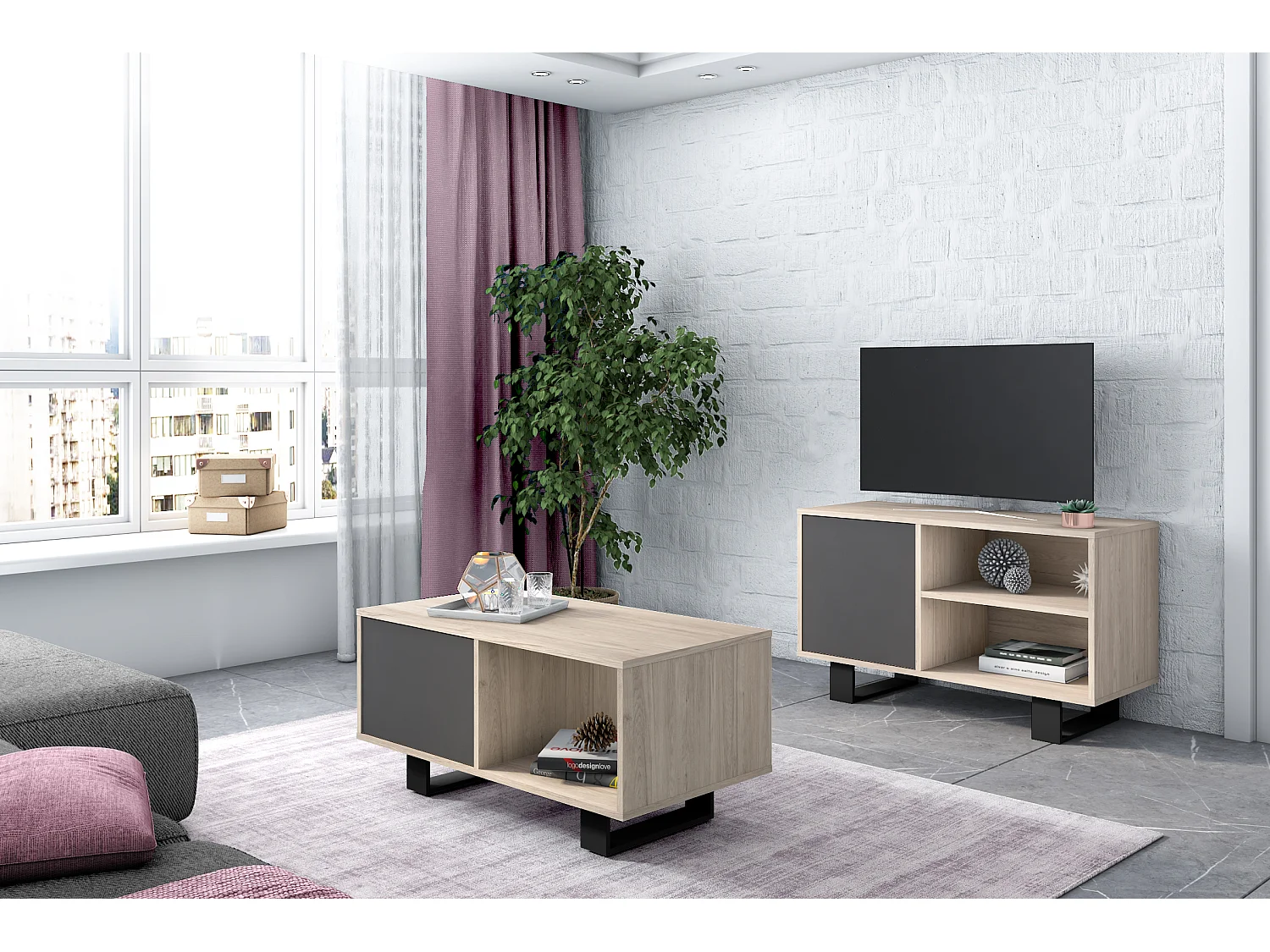 Mueble TV 100 Modelo WIND, color estructura Roble, color puerta Gris Antracita, 95x40x57cm