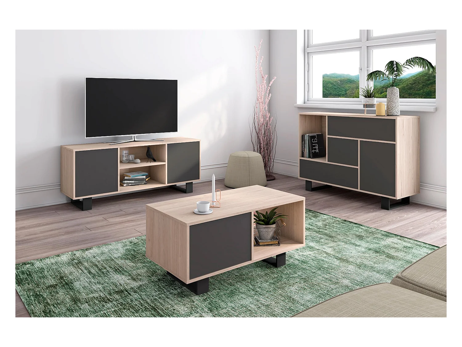 Mueble TV 140 Modelo WIND, color estructura Roble, color puertas Gris Antracita, 137x40x57cm