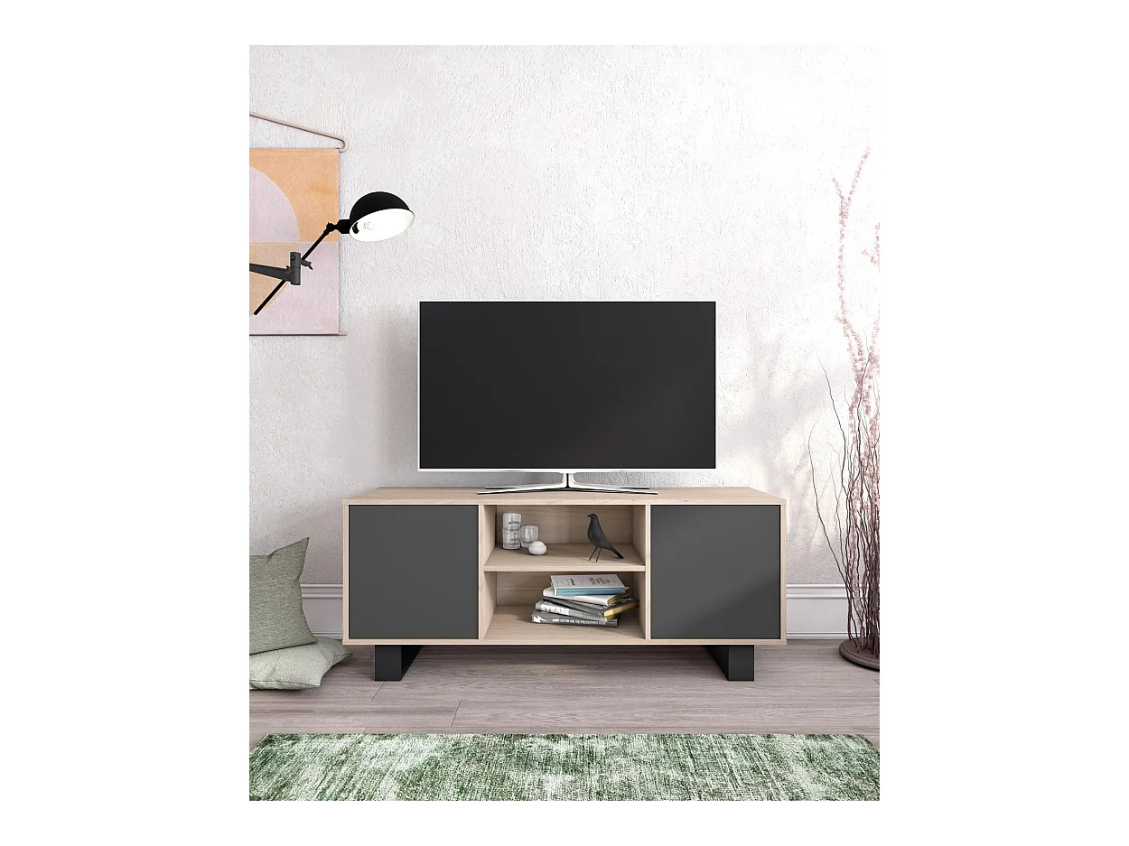 Meuble TV modèle 137x40x57cm WIND, couleur structure Chêne, couleur portes Gris Anthracite.