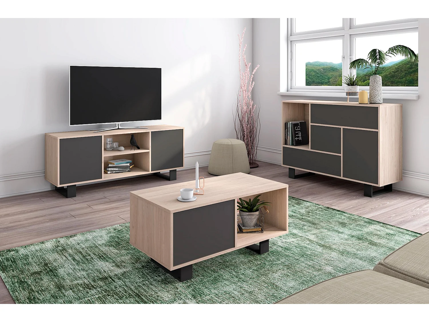 Meuble TV modèle 137x40x57cm WIND, couleur structure Chêne, couleur portes Gris Anthracite.