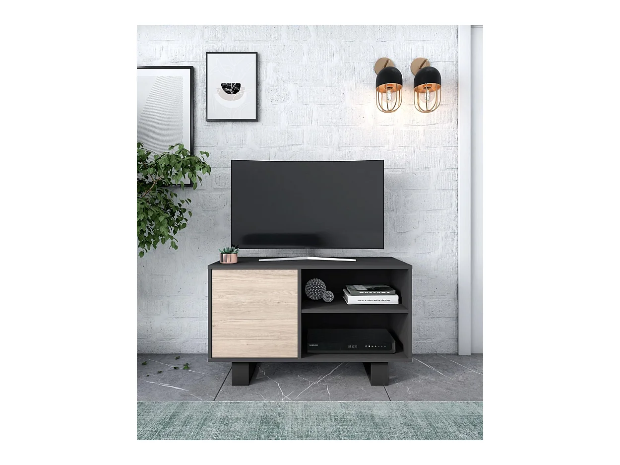 Mobile TV 100 con porta a sinistra, soggiorno pranzo, Modello WIND, Grigio Antracita e Rovere, 95x40x57cm