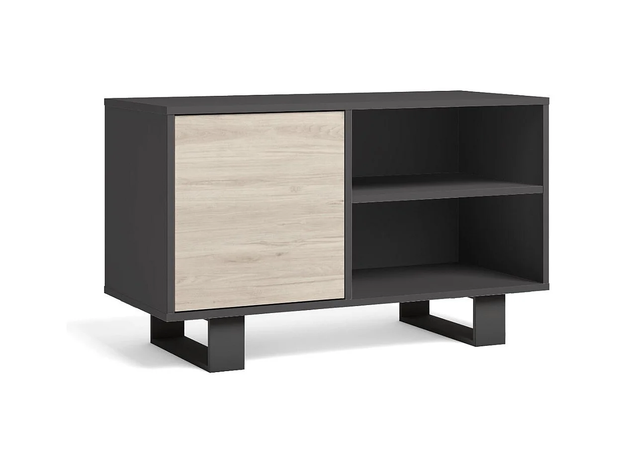 Mobile TV 100 con porta a sinistra, soggiorno pranzo, Modello WIND, Grigio Antracita e Rovere, 95x40x57cm