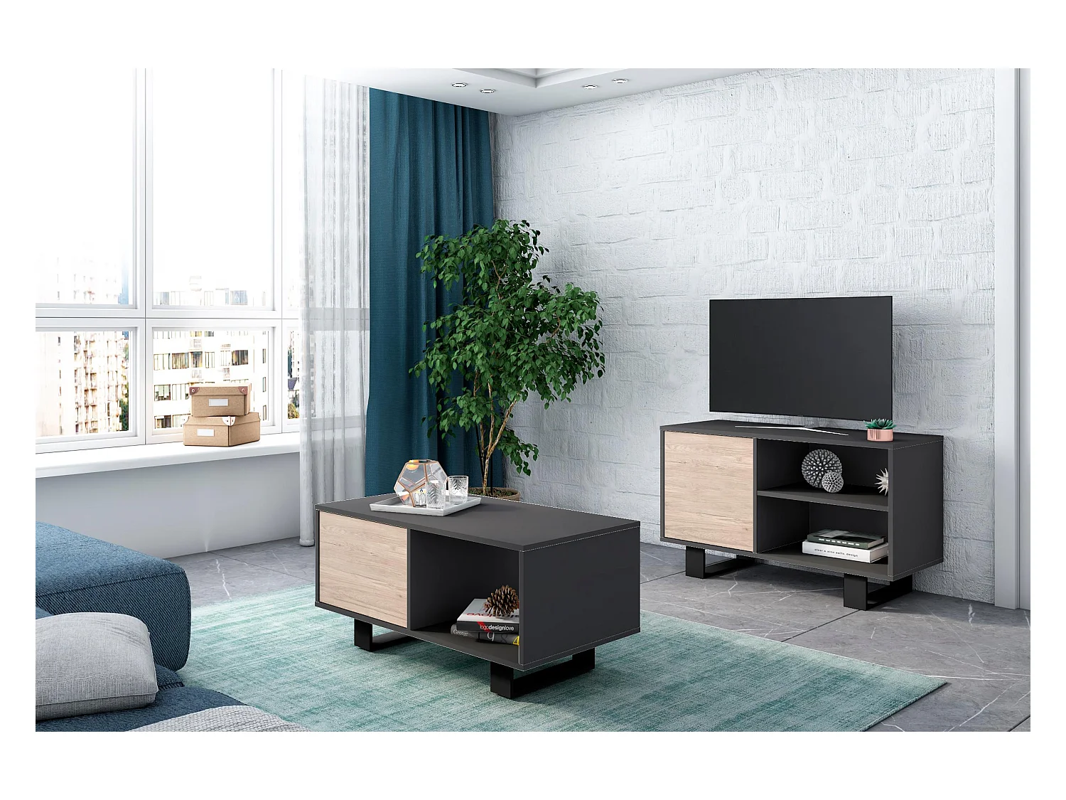 Mobile TV 100 con porta a sinistra, soggiorno pranzo, Modello WIND, Grigio Antracita e Rovere, 95x40x57cm