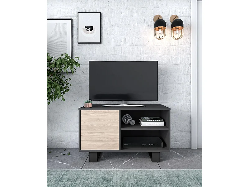 Meuble TV modèle 95x40x57cm WIND, Gris Anthracite, Structure Gris Anthracite, Couleur de porte Chêne