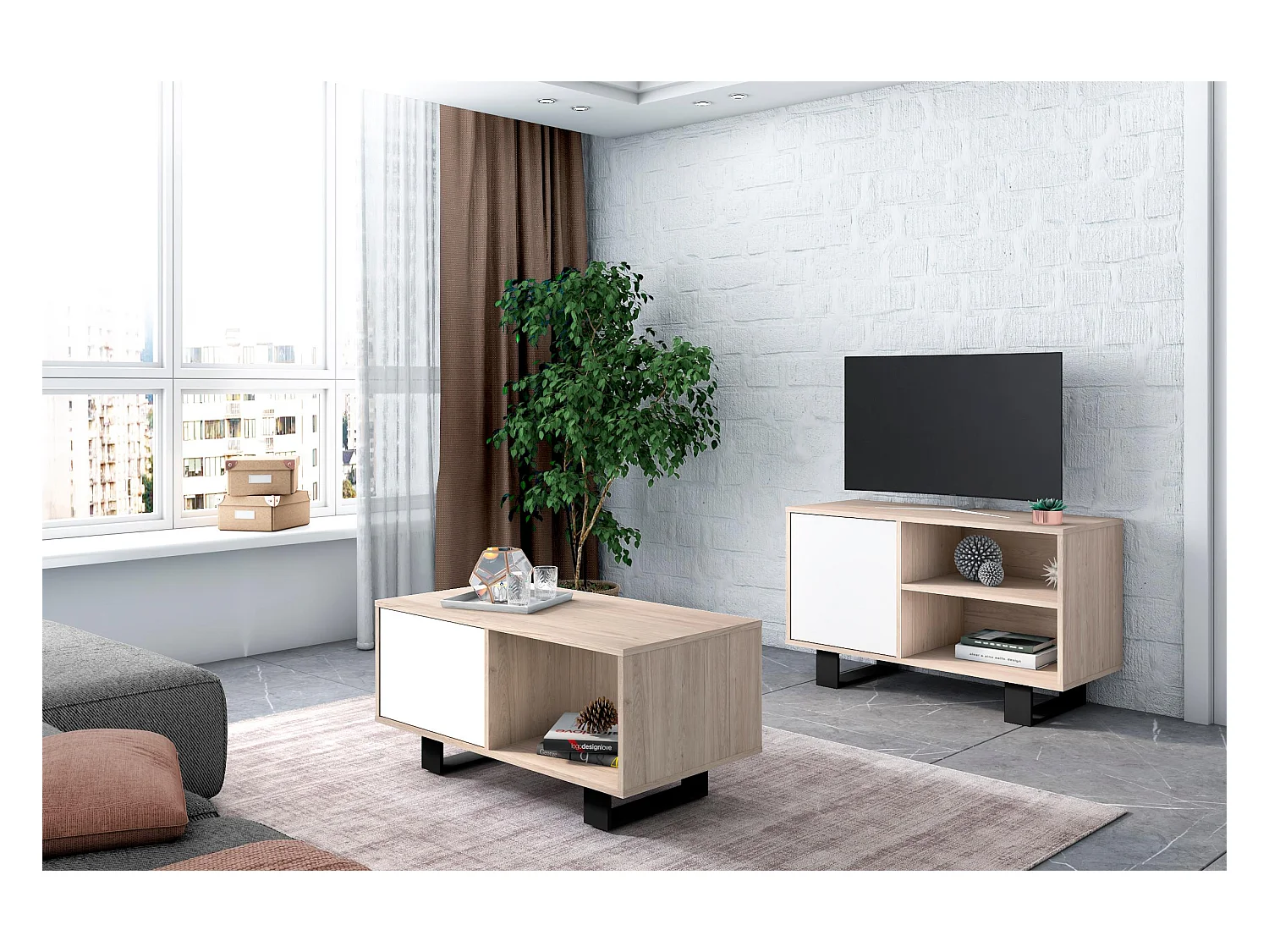 Televisiemeubels, Windmodel, 95x40x57cm, Eetkamer, Eik en wit, Moderne stijl