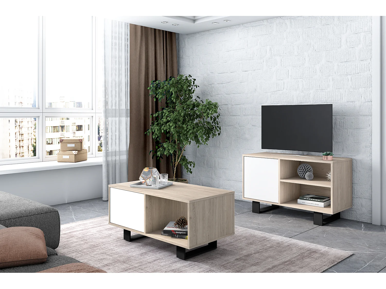 Televisiemeubels, Windmodel, 95x40x57cm, Eetkamer, Eik en wit, Moderne stijl