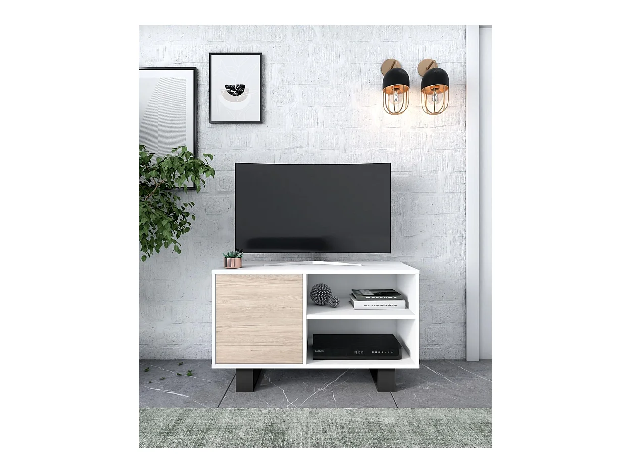 Móvel de TV modelo WIND, cor Branco e Carvalho, 95x40x57cm