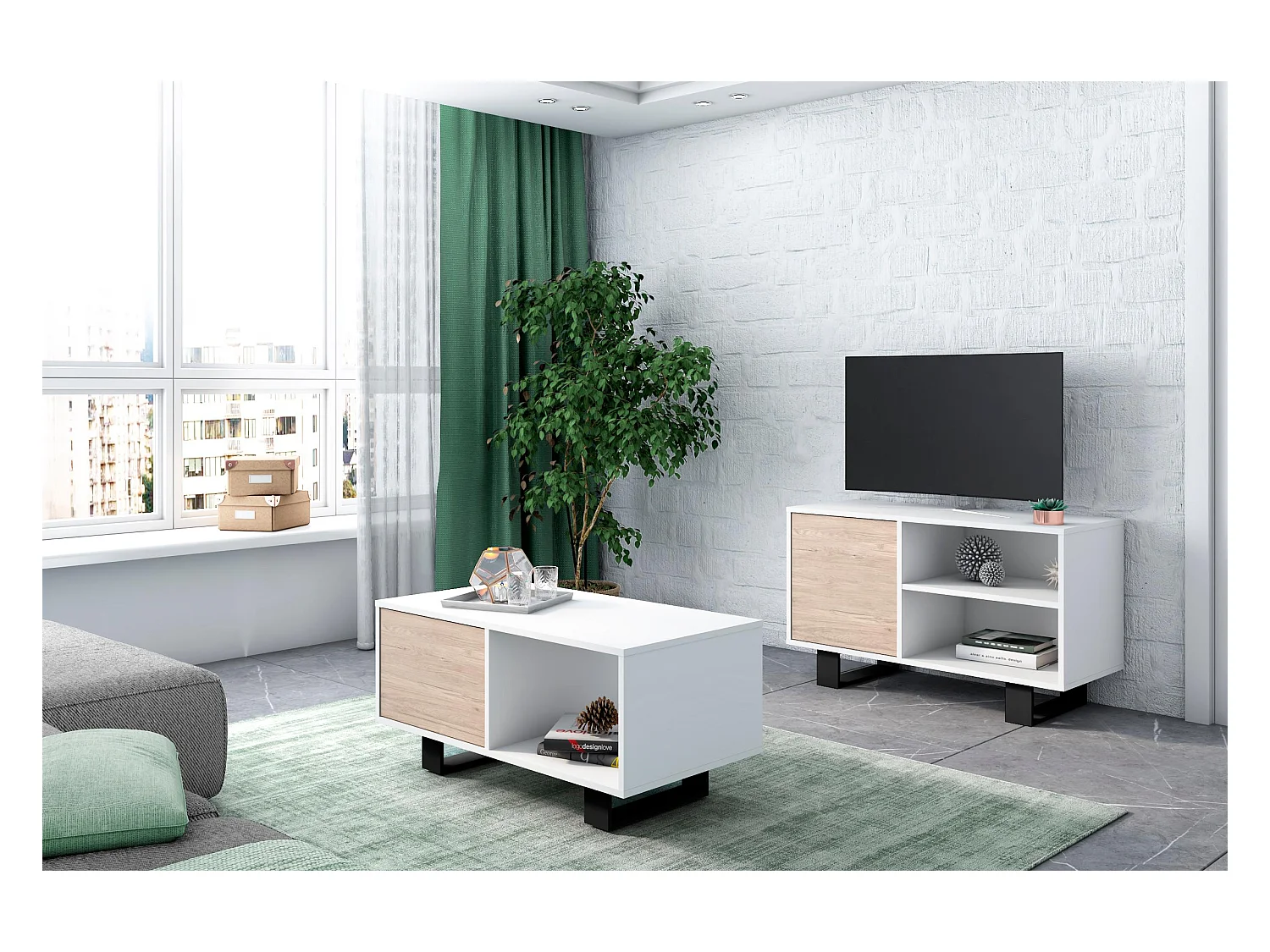 Móvel de TV modelo WIND, cor Branco e Carvalho, 95x40x57cm