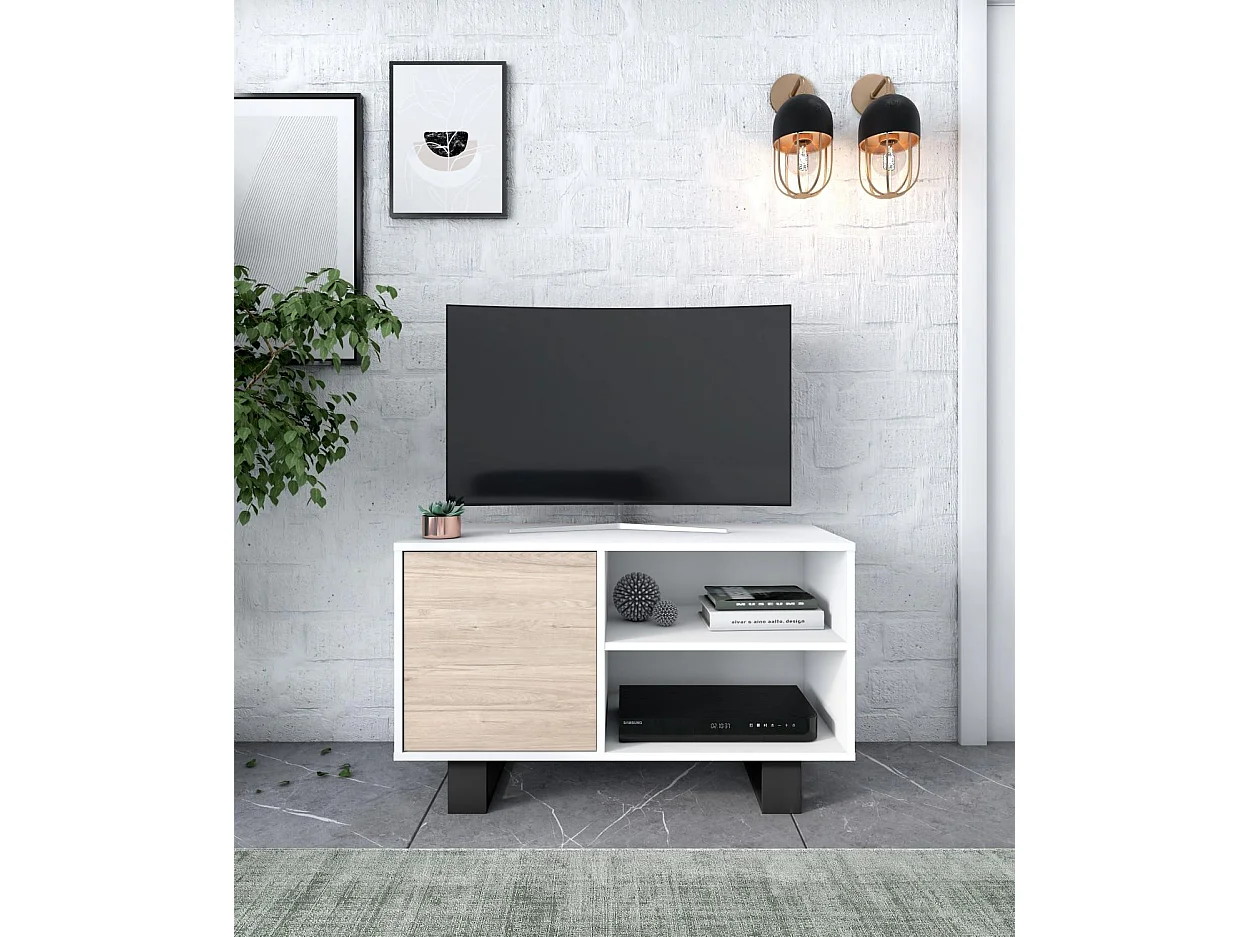 Meuble TV 95x40x57cm modèle WIND, couleur structure blanche, couleur porte chêne
