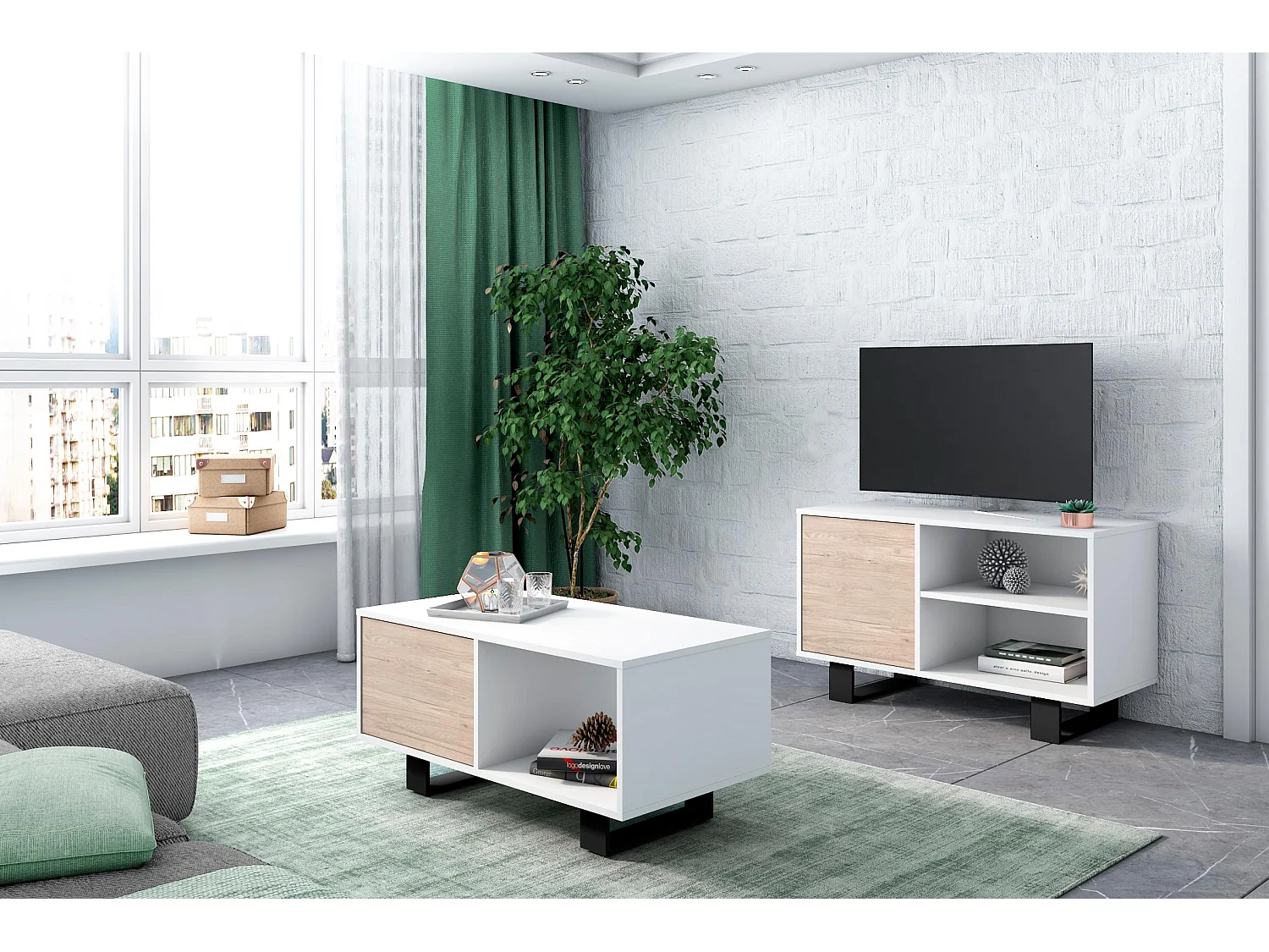 Meuble TV 95x40x57cm modèle WIND, couleur structure blanche, couleur porte chêne