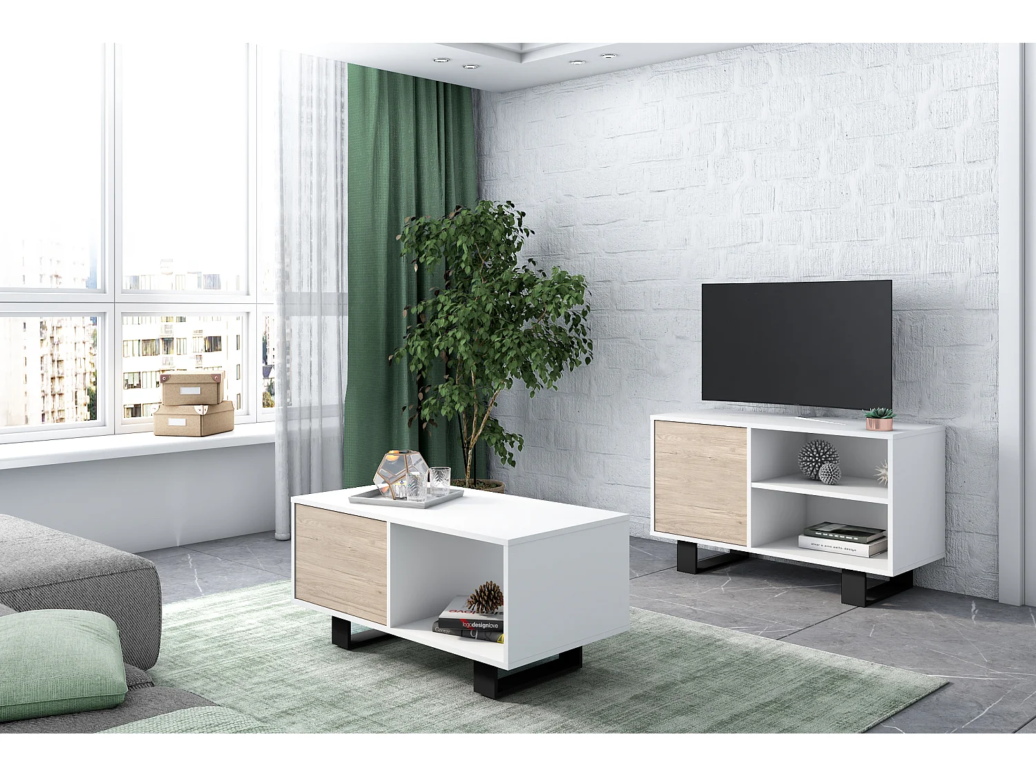 Meuble TV 95x40x57cm modèle WIND, couleur structure blanche, couleur porte chêne
