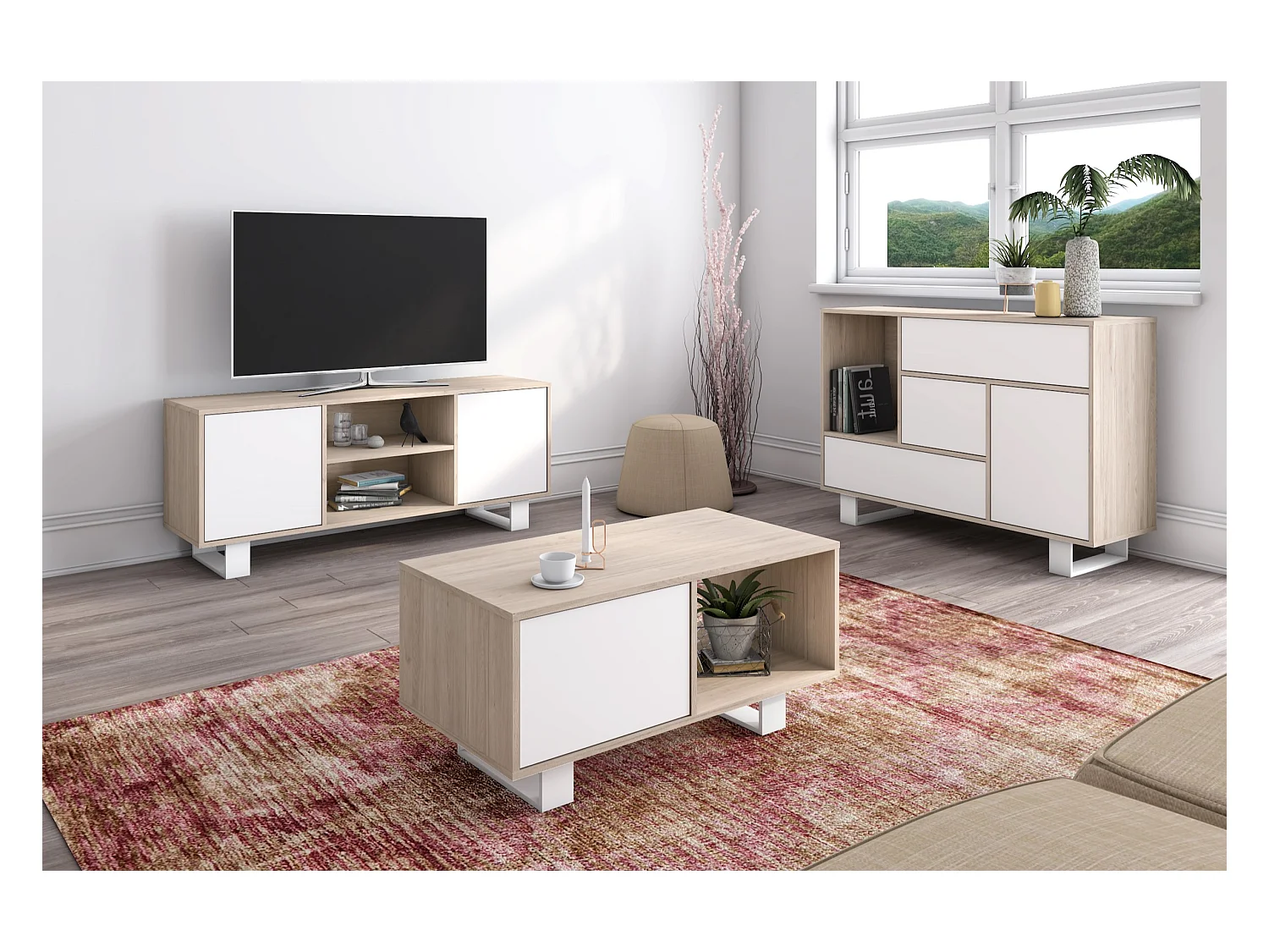 Meuble TV modèle 95x40x57cm WIND, couleur structure chêne, couleur porte Blanc