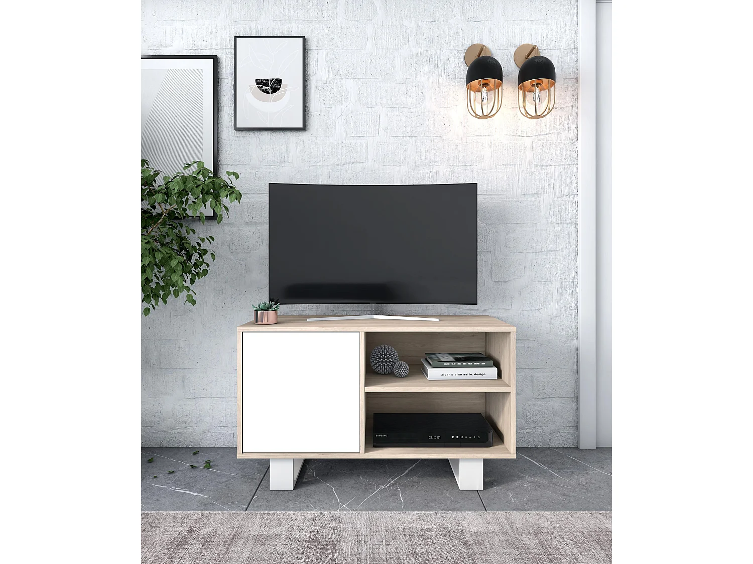 Televisiemeubels, Windmodel, 95x40x57cm, Eetkamer, Eik en wit, Moderne stijl