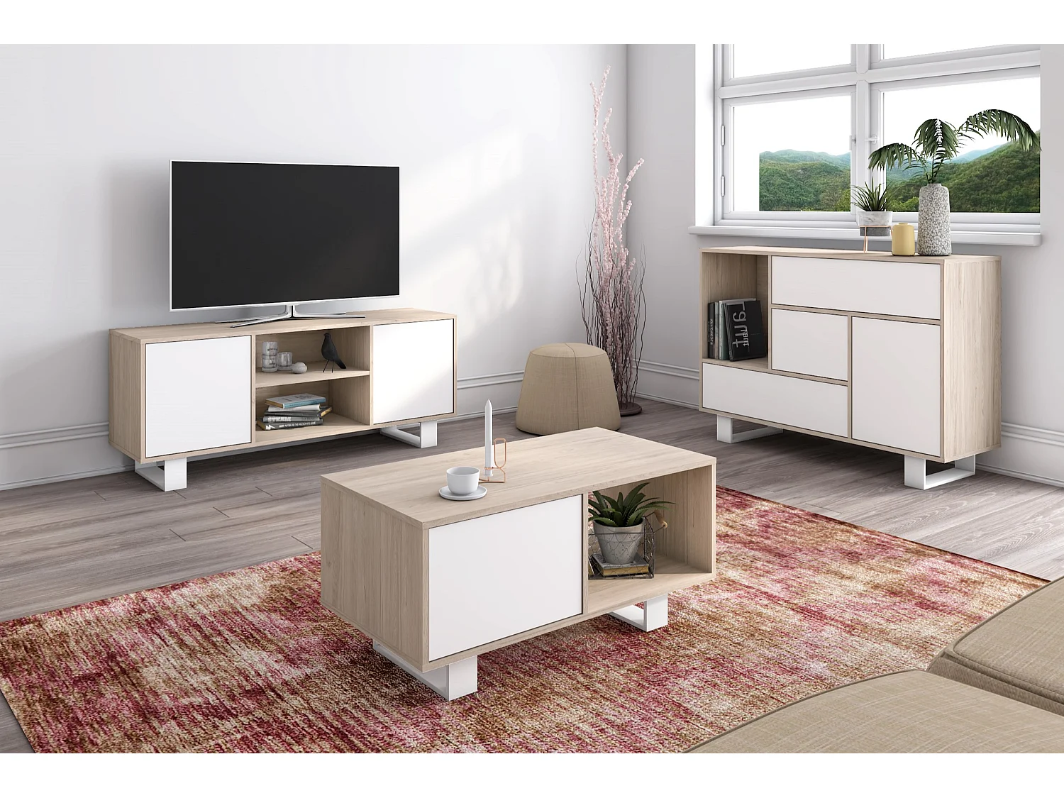 Televisiemeubels, Windmodel, 137x40x57cm, Eetkamer, Eik en wit, Moderne stijl