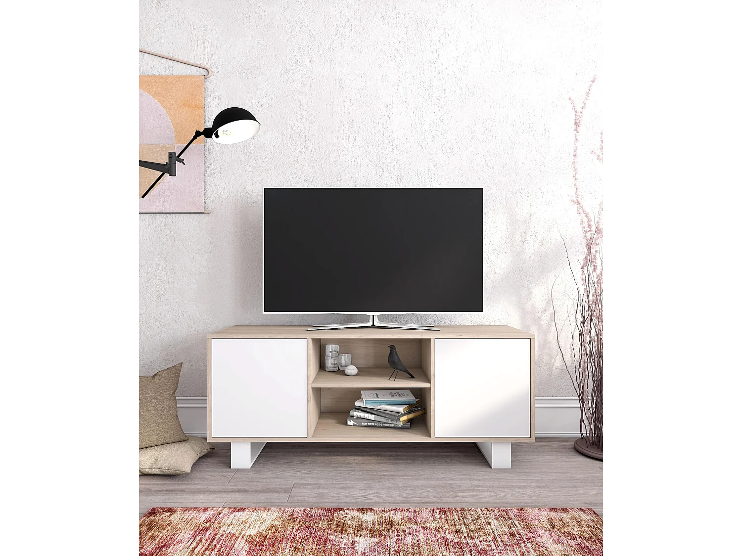 Televisiemeubels, Windmodel, 137x40x57cm, Eetkamer, Eik en wit, Moderne stijl